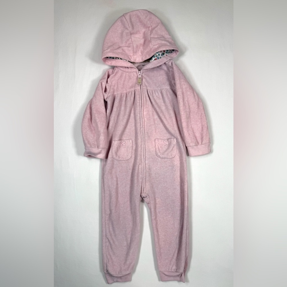CARTER'S Baby Girls' Fleece Floral Lined Bear Zip Up Hooded Jumpsuit Size 24M